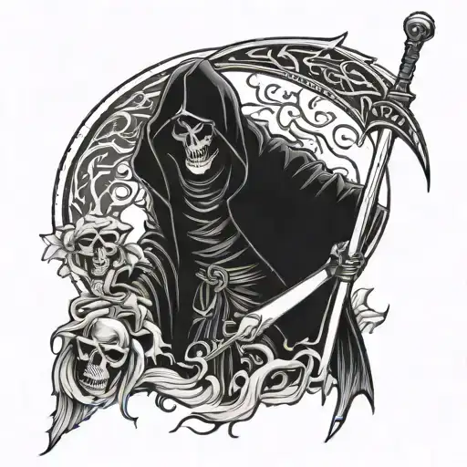 Grim Reaper With Scythe And Blue Eyes With Smoke At The Bottom