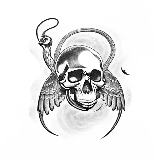 Crow With Open Wings On A Skull With A Snake