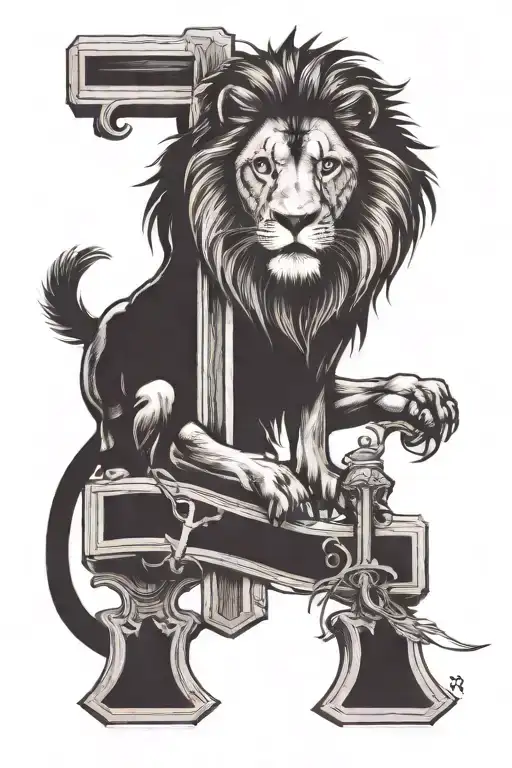 Lion Above A Wooden Cross