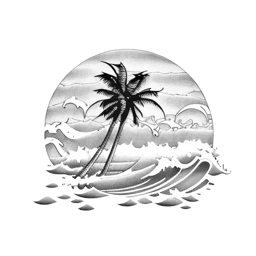 A Serene Beach Scene With Palm Trees And Waves Crashing Against The Shore At Sunset