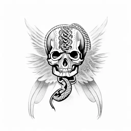 Crow With Open Wings On A Skull With A Snake