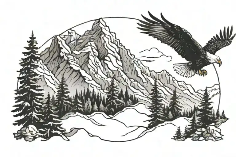 Mountains And Trees With Eagle Flying Over