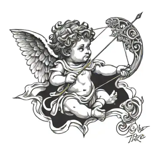 A Blackwork Tattoo Of A Greek Mythology Scene Featuring A Baby Cupid Angel With A Bow And Arrow