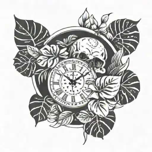 Time Clock With Skull With Monstera Leaves