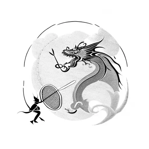 A Blackwork Tattoo Of A Dragon And A Wolf Engaged In A Badminton Match