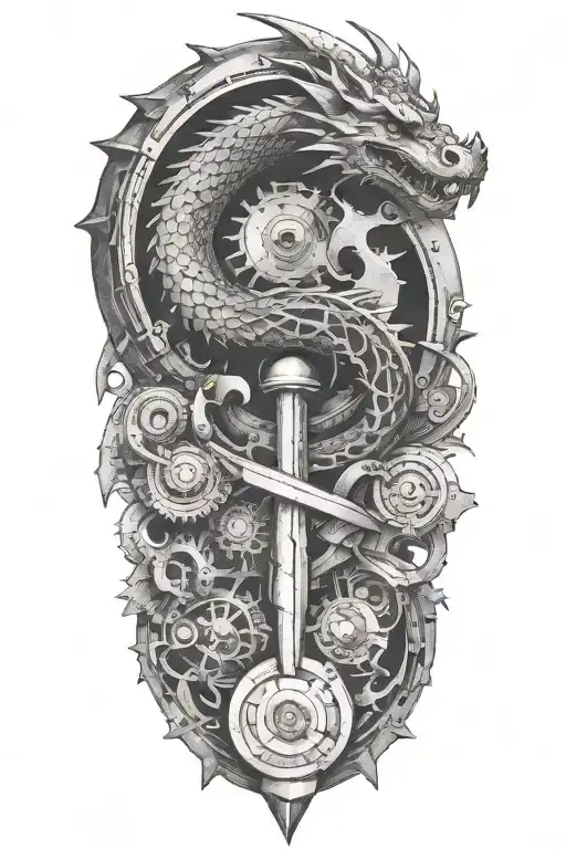 A Mechanic's Toolset Arranged In The Shape Dragon Emerging With A Dark Empty Cercle In The Middle