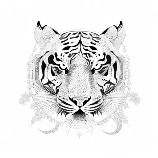 A Majestic Blackwork Tattoo Of A Tiger Surrounded By Vibrant Flowers And Intricate Sacral Geometry