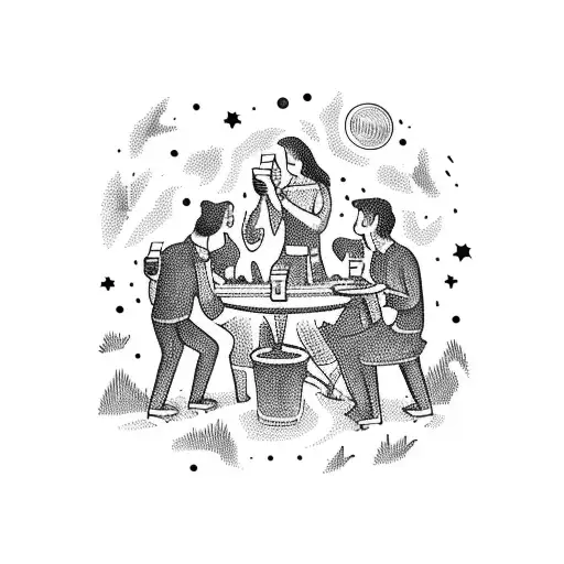 A Group Of Friends Toasting Drinks Around A Bonfire Under A Starry Night Sky