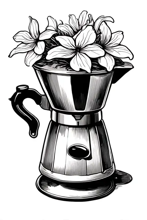 Cuban Coffee Maker With White Ginger Flowers Coming Out Of The Top Black And White