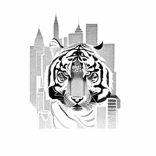 A Futuristic Cityscape With A Tiger Roaming The Streets