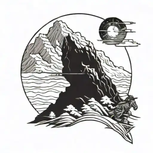 A Samurai Watching A Big Mountain With Two Roads