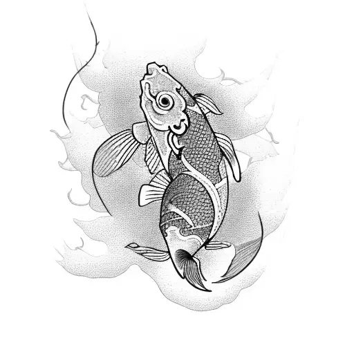 A Blackwork Tattoo Of A Japanese Koi Fish Swimming Among Blooming Cherry Blossom Flowers