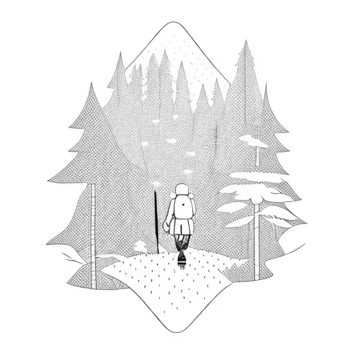 A Silhouette Of A Person Hiking Through A Forest Filled With Cartoon Characters