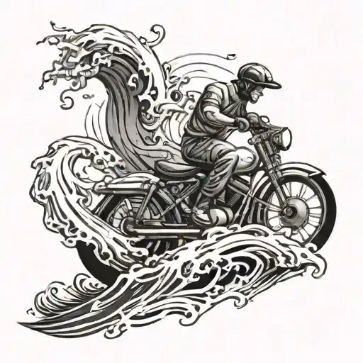 Half-sleeve Tattoo Of An Ocean Wave Pattern And On Top Of That Wave A Bike Is Being Ridden