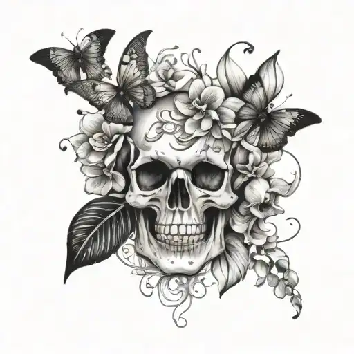 Half Skull With Orchids And Butterflies Flying