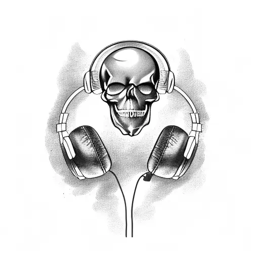 A Blackwork Tattoo Of A Skull Wearing Headphones And Playing A Guitar