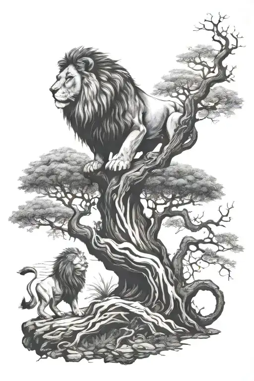 Lion And Life Tree And Climbing A Man