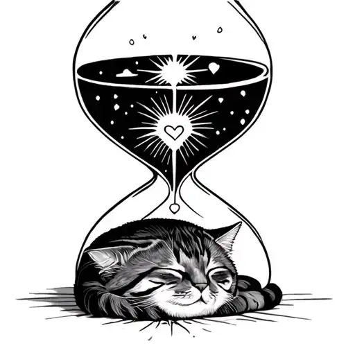 Cat Sleeping In Bottom Section Of Hourglass And Love Shinning Down In Upper Section