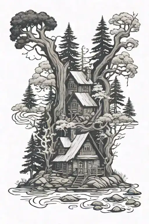 Woodland And Forest And Trees And Cabin And Wizard And River And Hills