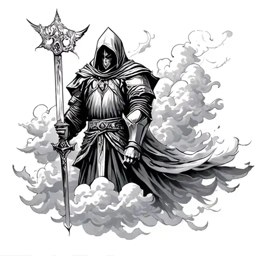 Hooded Knight In Clouds With Sword