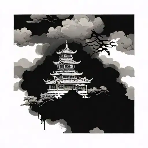 Samurai House Against The Backdrop Of Bloody Clouds