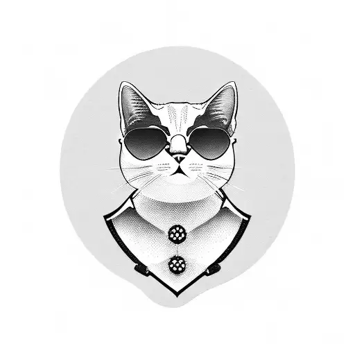 A Blackwork Tattoo Of A Domestic Shorthair White-gray Cat Wearing Elvis Sunglasses