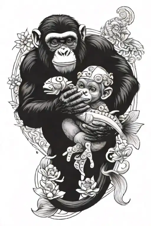 Chimpaze Holding A Baby Chimpaze With A Koi Fish Swimming Under