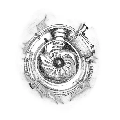 A Detailed Tattoo Of A Turbocharger Surrounded By Vibrant Green And Black Flames
