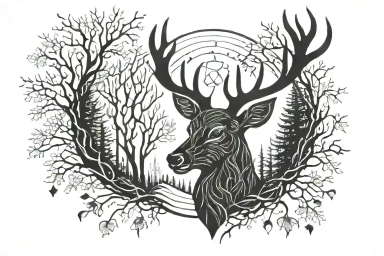Forest Blackout Symmetrical Geometric Deer Face Moon