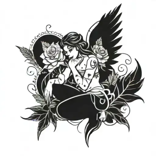Female Angel Kneeling With Roses And Marijuana Leaves Intertwined Around And Enveloping Her