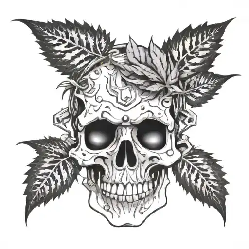 A Mechanical Skull With Weed Leaves For Eyes