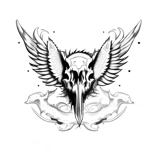 Hog Skull With Tusk Surrounded By Wings Side Profile