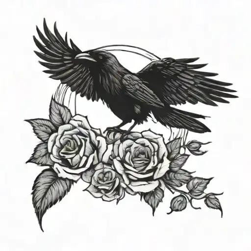 A Raven Flying Right Around Him Roses And An Inverted Moon
