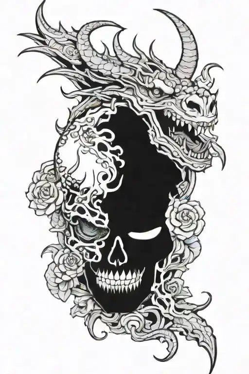 The Black Japan Dragon Around The Skull Of The Demon Mask They