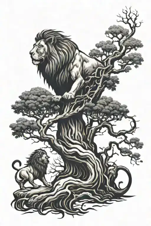 Lion And Life Tree And Climbing A Man