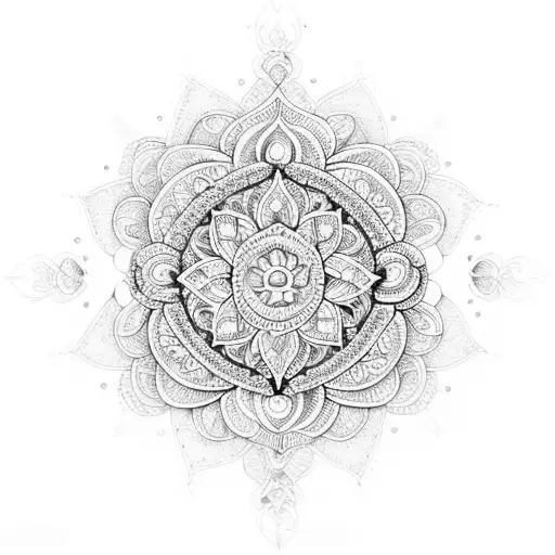 An Intricate Blackwork Mandala Incorporating Religious Symbols And Seychelles Flora