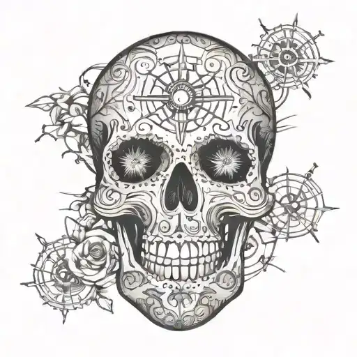 A Detailed Day Of The Dead Skull With A Compass Embedded In The Design