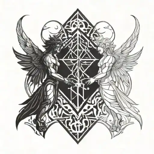 A Geometric Angel And Devil Facing Off In A Tattoo Design