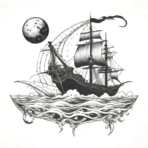 A Futuristic Pirate Ship Sailing Across A Crescent Moon