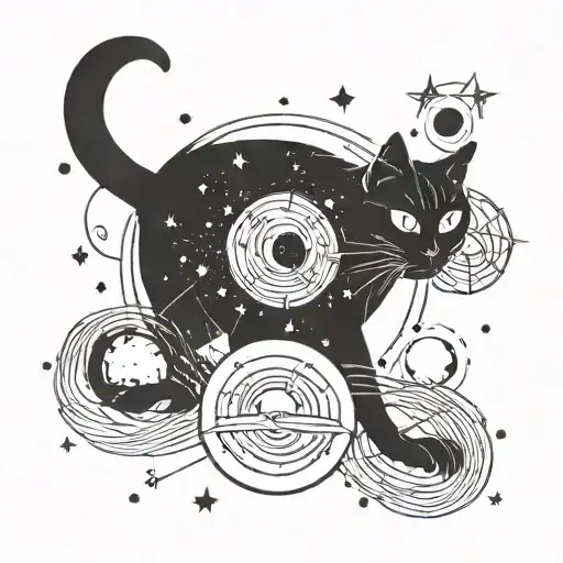 A Black Cat Silhouette With Planets And Stars Orbiting Around It