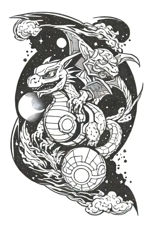 Black And White Tattoo Of Master Pokeball In Space With Charizard