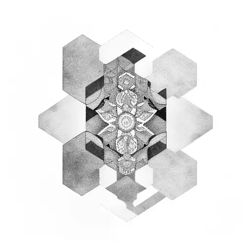 Large Black Cover Up Tattoo With Detailed Hexagon Stairs Using White Ink To Cover Up Existing