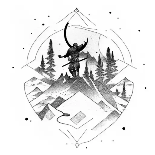 A Silhouette Of A Viking Warrior Hiking Up A Mountain With The Northern Lights Overhead