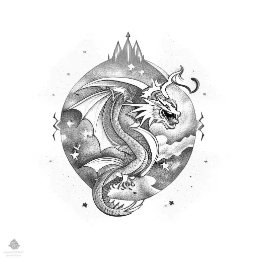 A Dragon Flying Through A Night Sky Filled With Stars