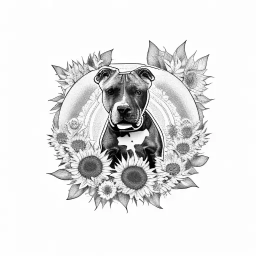A Pitbull Surrounded By Sunflowers And Roses