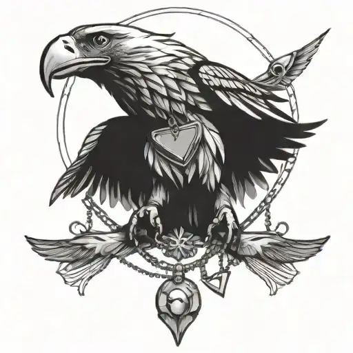 Tattoo Of A Wedge Tail Eagle Holding A Necklace With A Trinacria Pendant On It