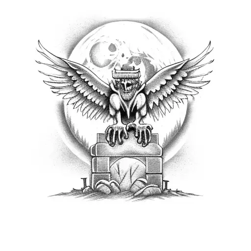 A Graveyard Scene With A Gargoyle Spreading Its Wings Under A Full Moon