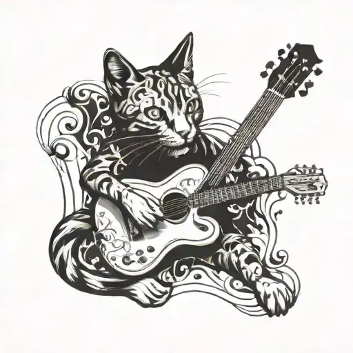 A Tattoo Design Featuring A Cat Playing A Guitar With Musical Notes Swirling Around It