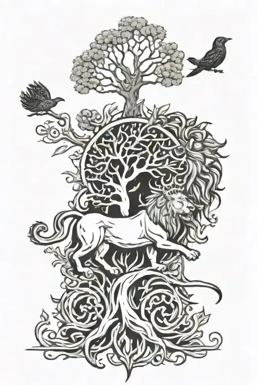 Crowned Lion And Life Tree And Climbing A Man