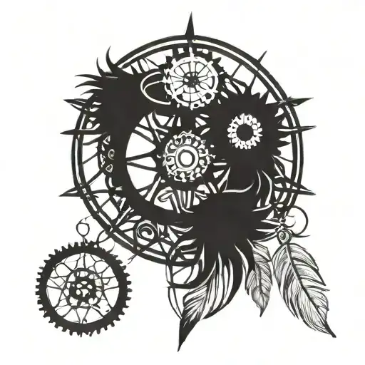 Combine Motorcycle Gears With Dreamcatcher Elements In A Blackwork Design